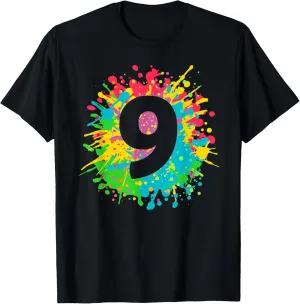 9th Birthday paint splashes T-shirt for kids, girls, boys. T-Shirt