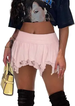 Ahtyeo Women's Lace Short Skirt Sexy Club Y2K Solid Low Waist Patchwork Flowy Ruffle Pleated A-line Mini Skirts Streetwear