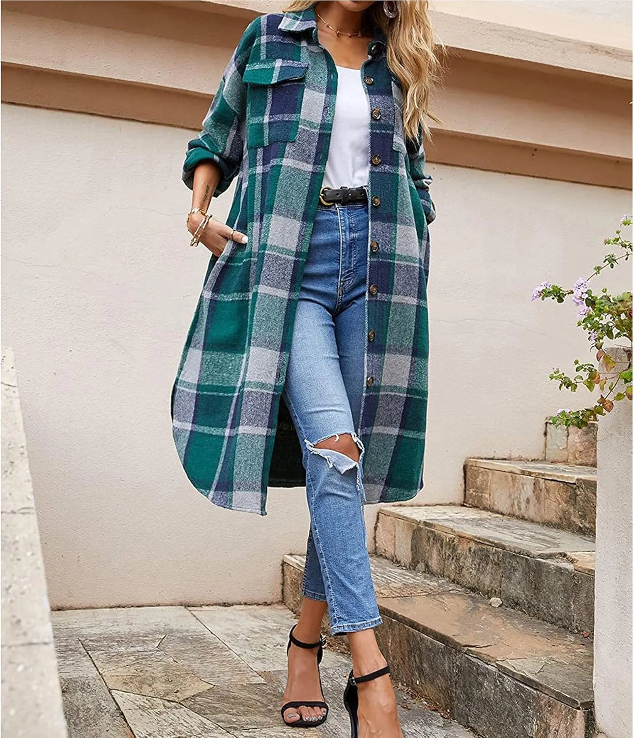 Ainangua Women's Casual Wool Blend Long Plaid Shirt Jacket Button Down Pocketed Shirt Shacket