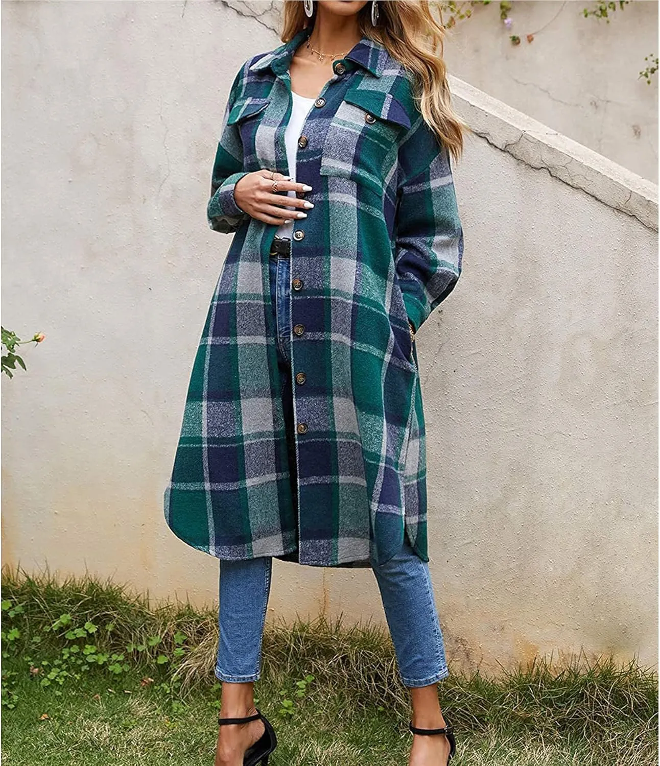 Ainangua Women's Casual Wool Blend Long Plaid Shirt Jacket Button Down Pocketed Shirt Shacket