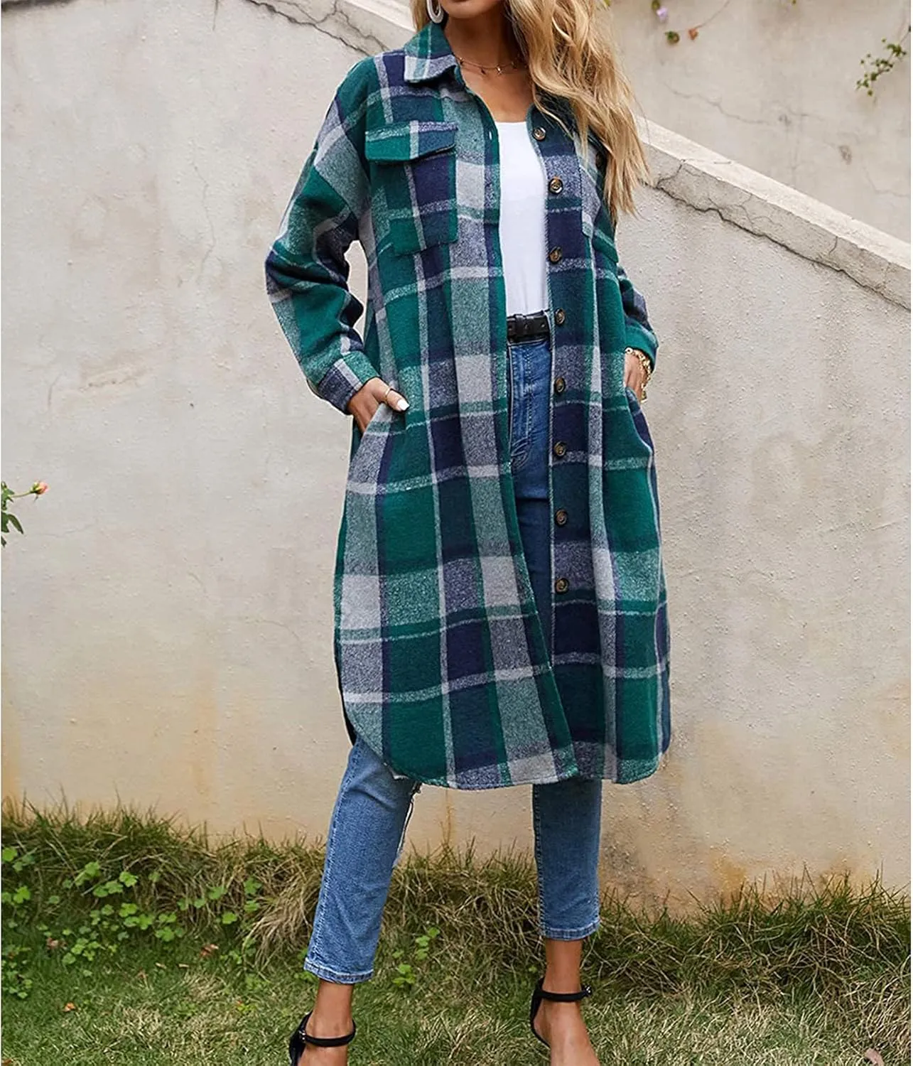 Ainangua Women's Casual Wool Blend Long Plaid Shirt Jacket Button Down Pocketed Shirt Shacket