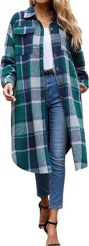 Ainangua Women's Casual Wool Blend Long Plaid Shirt Jacket Button Down Pocketed Shirt Shacket
