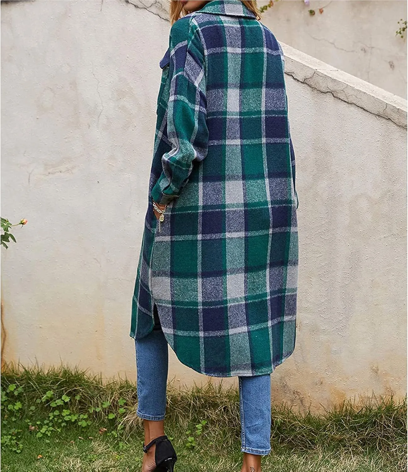 Ainangua Women's Casual Wool Blend Long Plaid Shirt Jacket Button Down Pocketed Shirt Shacket