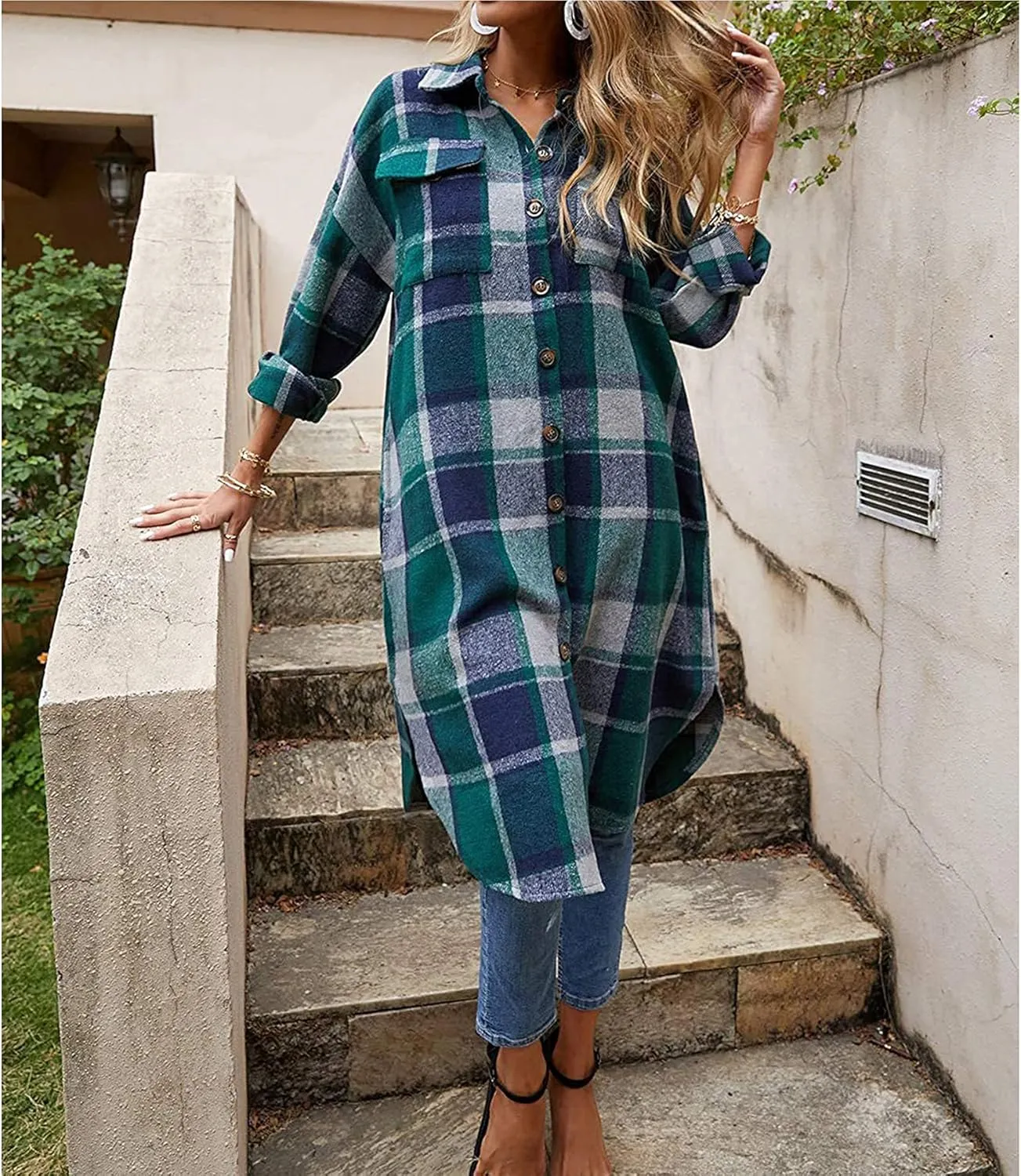 Ainangua Women's Casual Wool Blend Long Plaid Shirt Jacket Button Down Pocketed Shirt Shacket