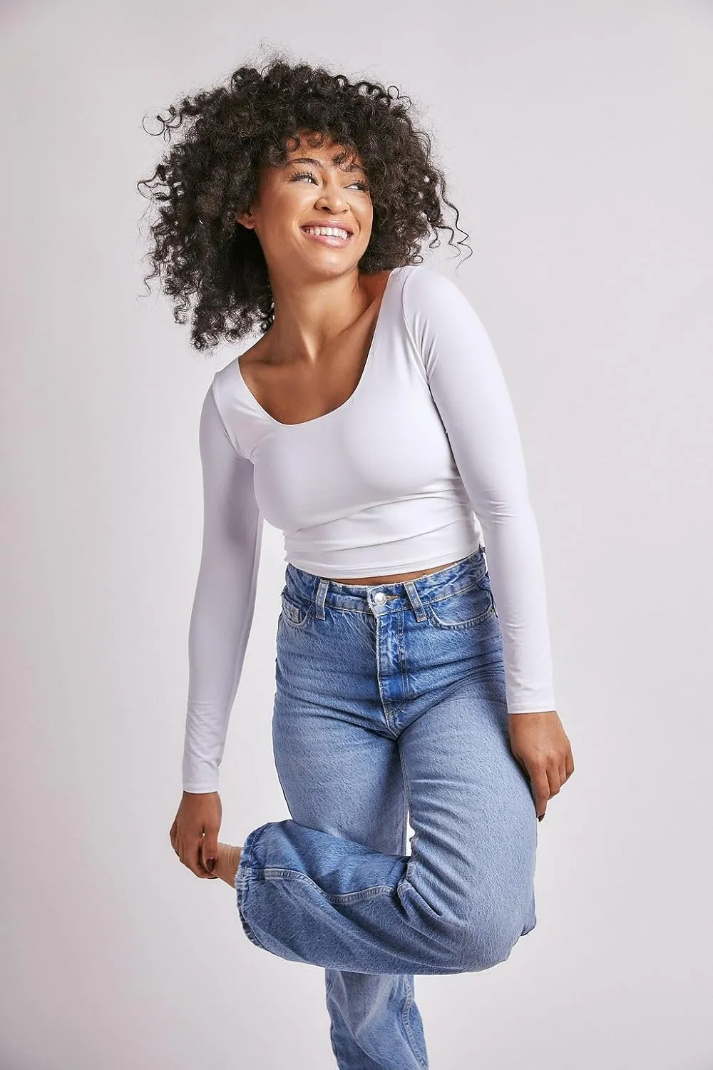 Almere Long Sleeve Top for Women, Contour Double-Lined Seamless Smooth Fabric Sleeved Basic Top w/Low Neck Cut