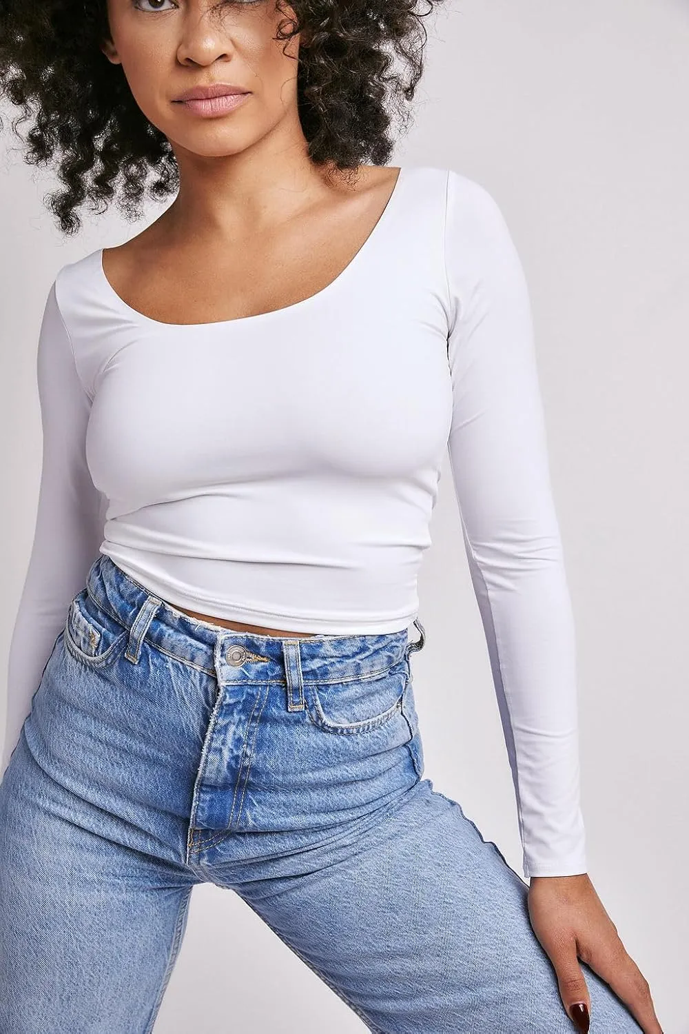 Almere Long Sleeve Top for Women, Contour Double-Lined Seamless Smooth Fabric Sleeved Basic Top w/Low Neck Cut