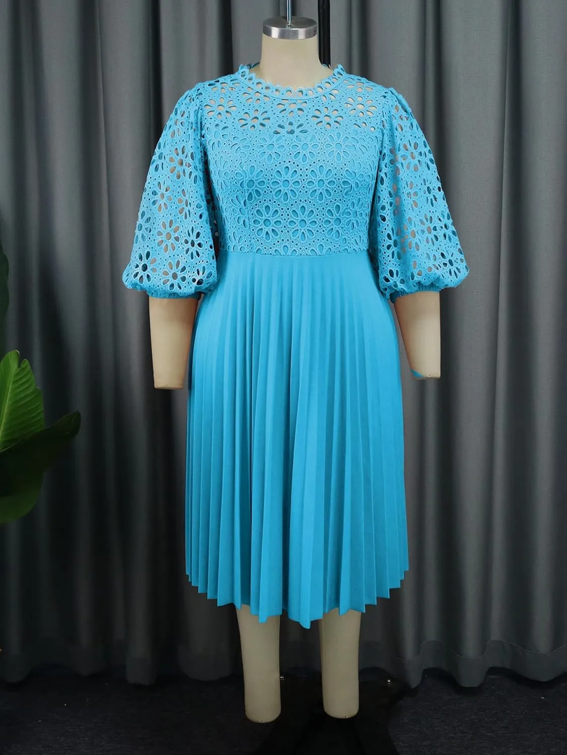 AOMEI Women's Elegant Lace Patchwork A-line Midi Pleated Hollow Out Lantern Sleeve Dress