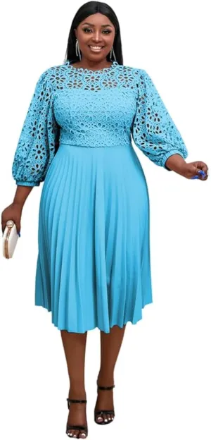 AOMEI Women's Elegant Lace Patchwork A-line Midi Pleated Hollow Out Lantern Sleeve Dress