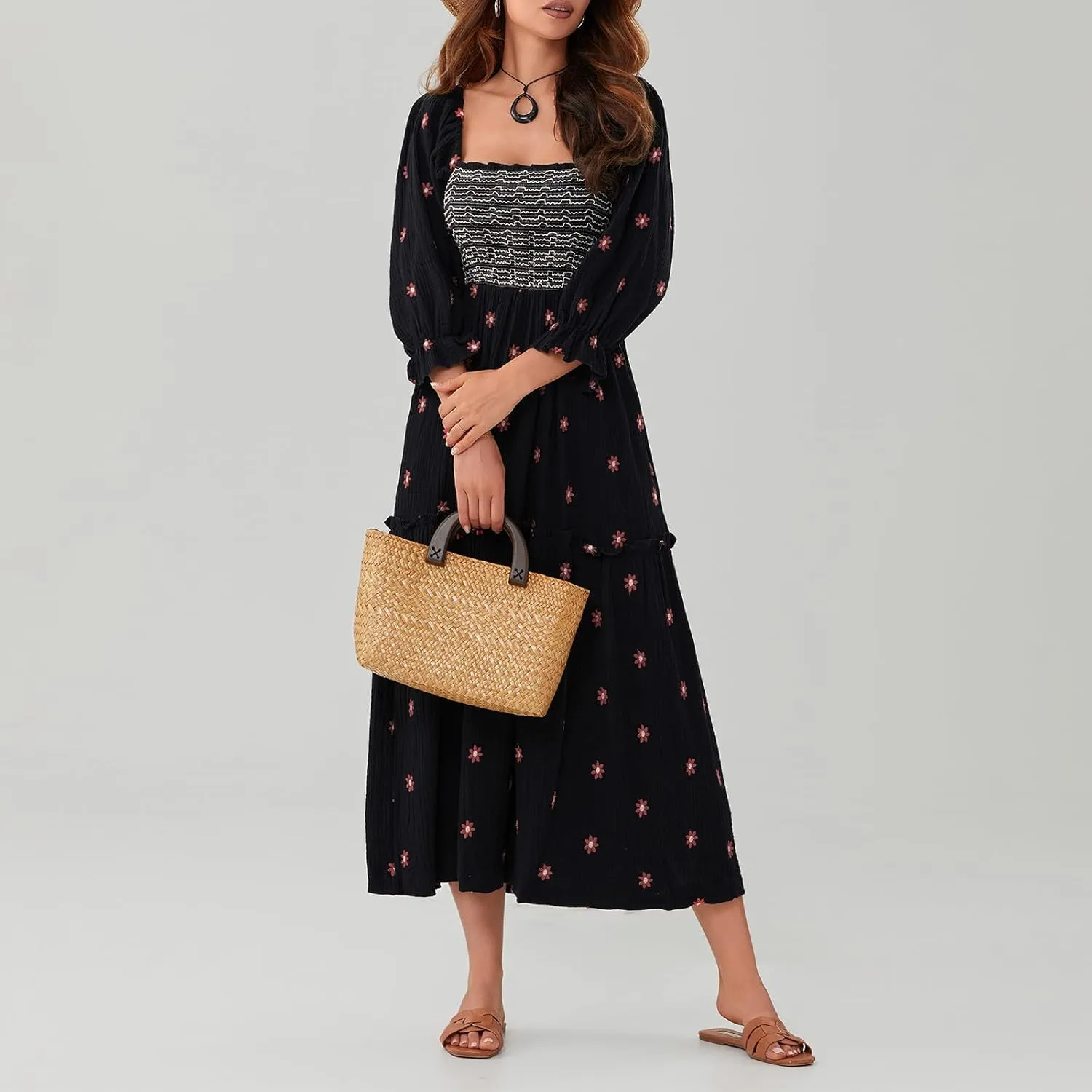 Argeousgor Women 2025 Bohemian Floral Dress Square Neck Ruffle Swing A Line Maxi Dress Long Sleeve Beach Long Dress