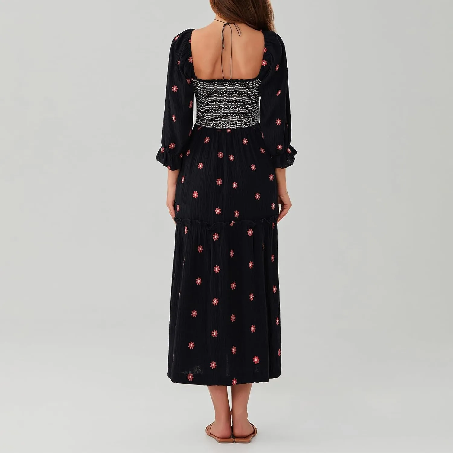 Argeousgor Women 2025 Bohemian Floral Dress Square Neck Ruffle Swing A Line Maxi Dress Long Sleeve Beach Long Dress