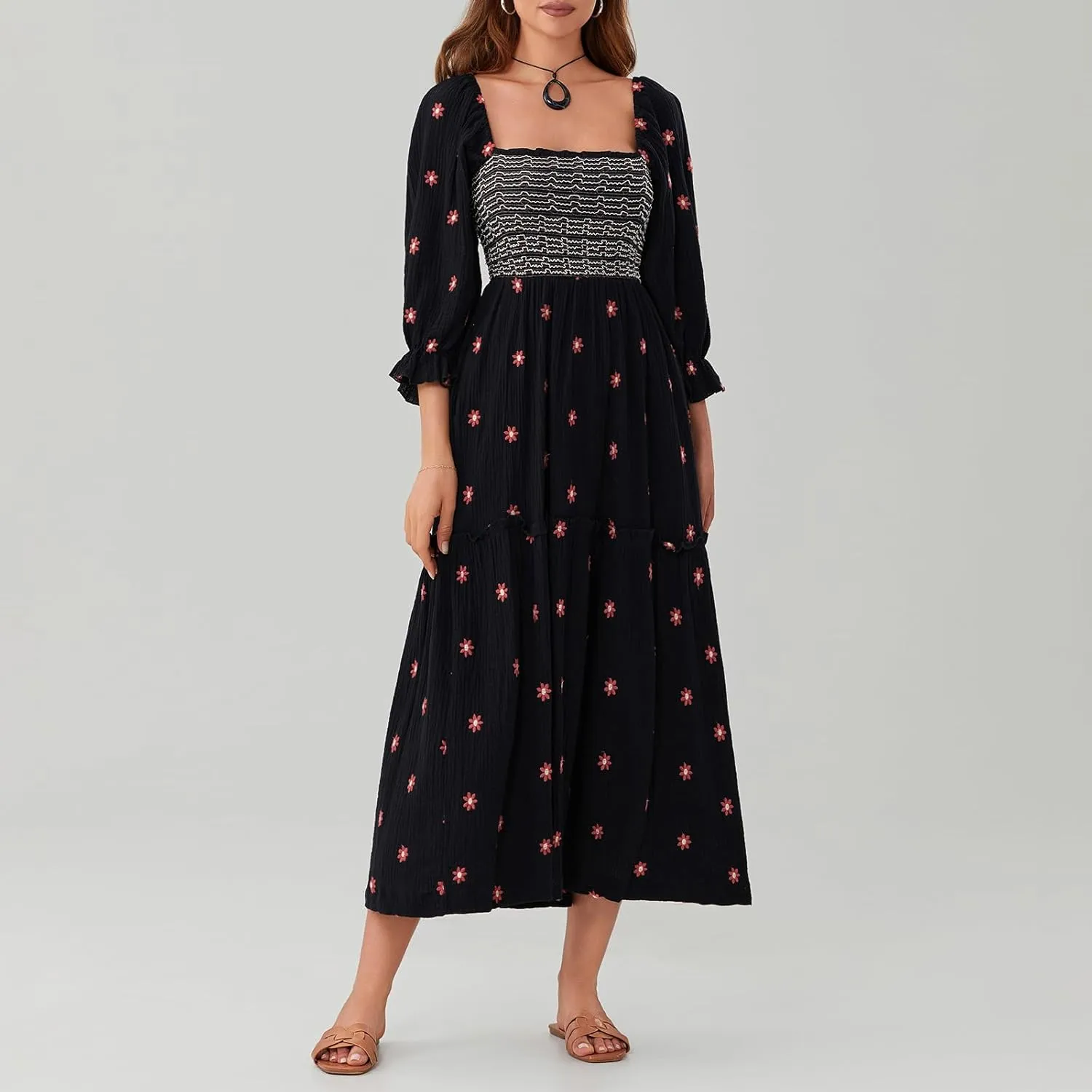 Argeousgor Women 2025 Bohemian Floral Dress Square Neck Ruffle Swing A Line Maxi Dress Long Sleeve Beach Long Dress
