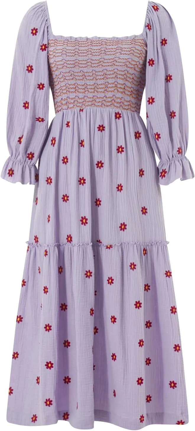 Argeousgor Women 2025 Bohemian Floral Dress Square Neck Ruffle Swing A Line Maxi Dress Long Sleeve Beach Long Dress
