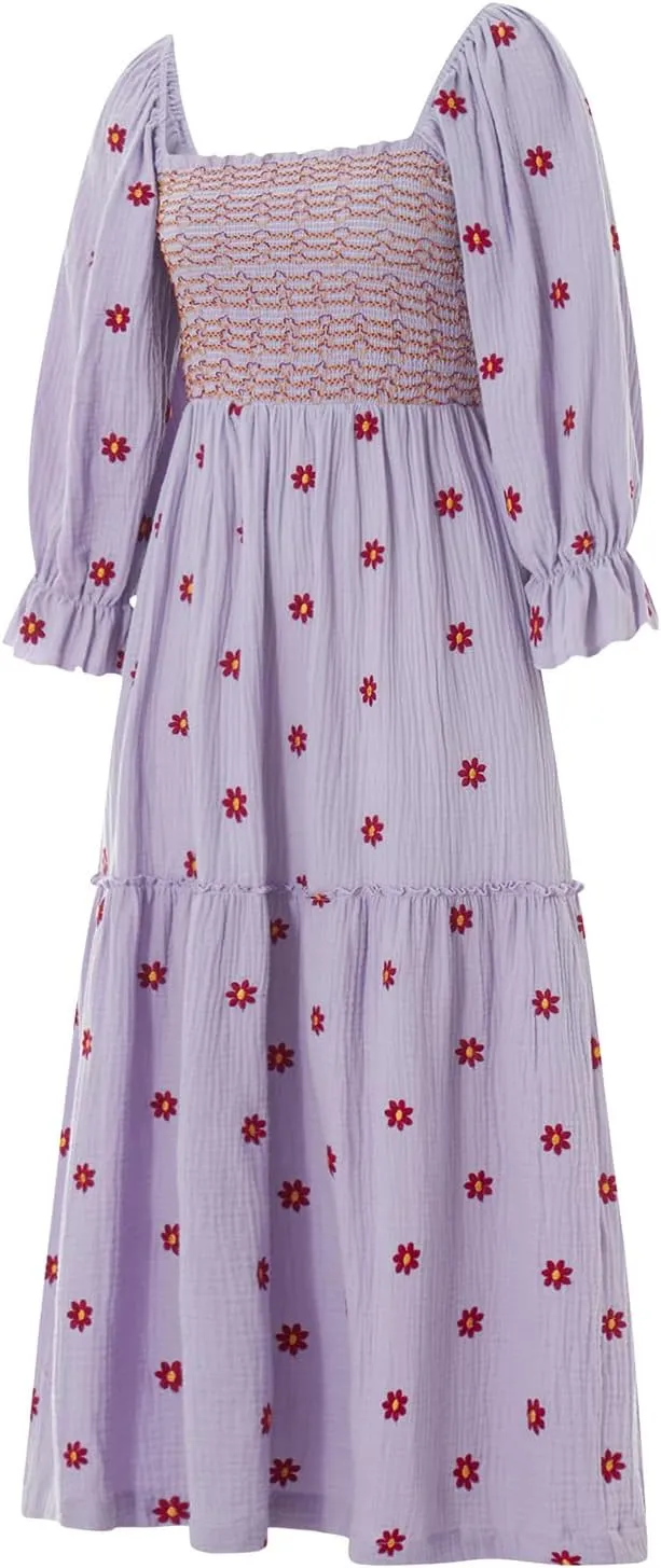 Argeousgor Women 2025 Bohemian Floral Dress Square Neck Ruffle Swing A Line Maxi Dress Long Sleeve Beach Long Dress