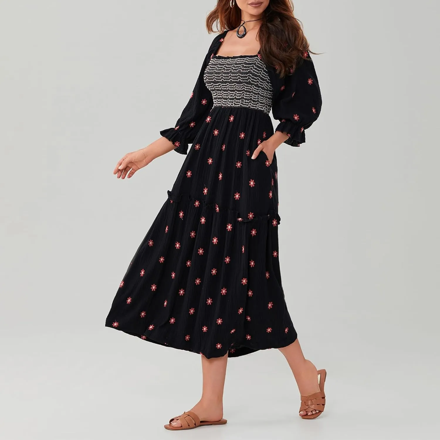 Argeousgor Women 2025 Bohemian Floral Dress Square Neck Ruffle Swing A Line Maxi Dress Long Sleeve Beach Long Dress