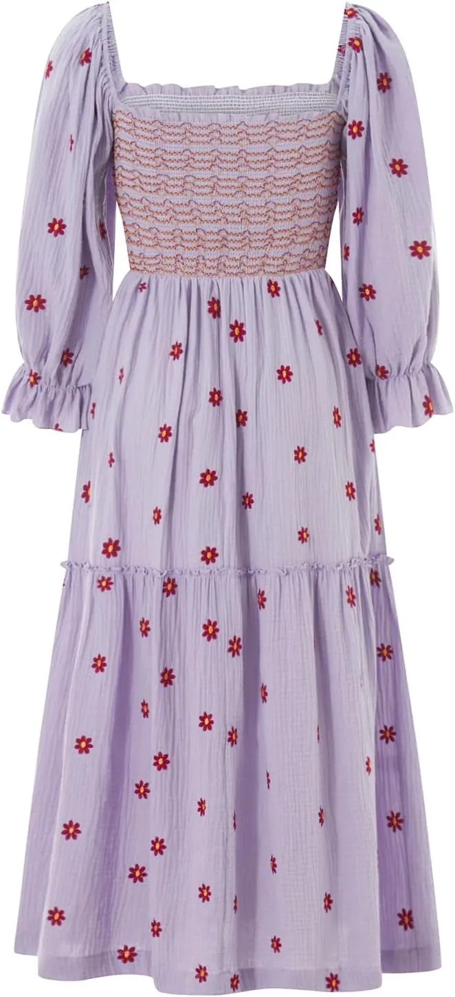 Argeousgor Women 2025 Bohemian Floral Dress Square Neck Ruffle Swing A Line Maxi Dress Long Sleeve Beach Long Dress