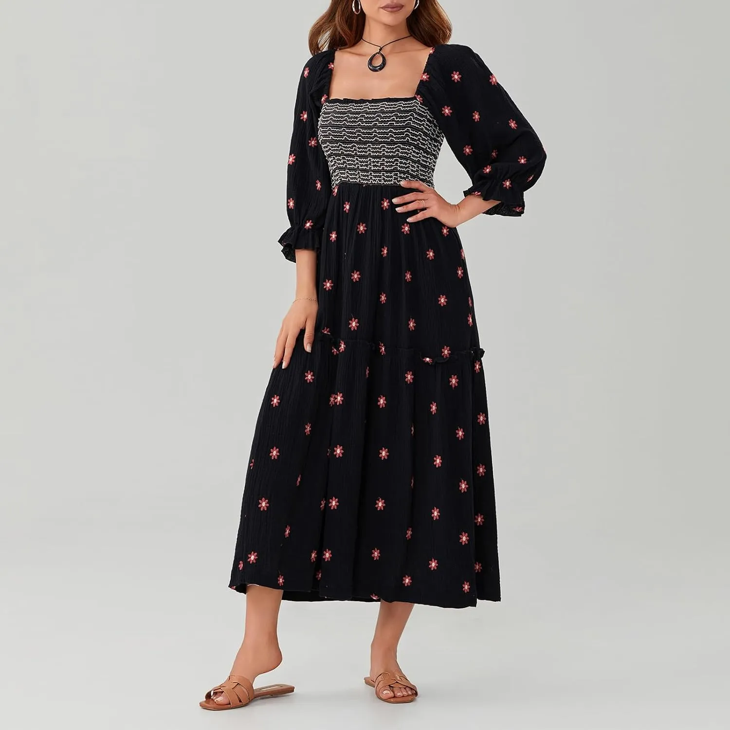 Argeousgor Women 2025 Bohemian Floral Dress Square Neck Ruffle Swing A Line Maxi Dress Long Sleeve Beach Long Dress