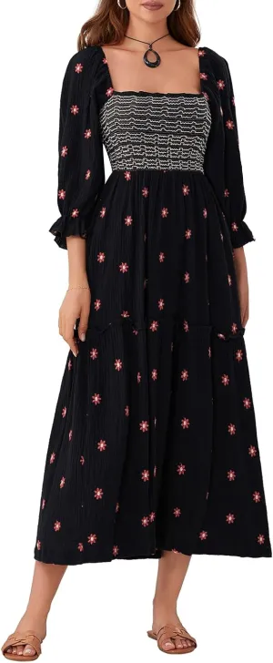 Argeousgor Women 2025 Bohemian Floral Dress Square Neck Ruffle Swing A Line Maxi Dress Long Sleeve Beach Long Dress