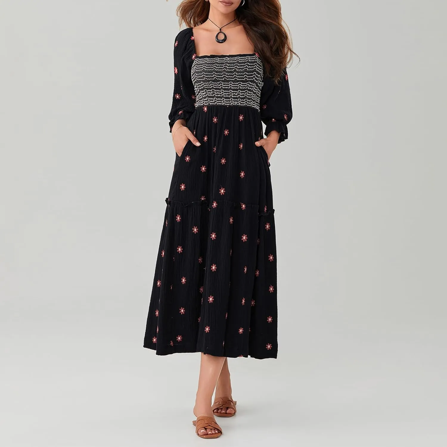 Argeousgor Women 2025 Bohemian Floral Dress Square Neck Ruffle Swing A Line Maxi Dress Long Sleeve Beach Long Dress