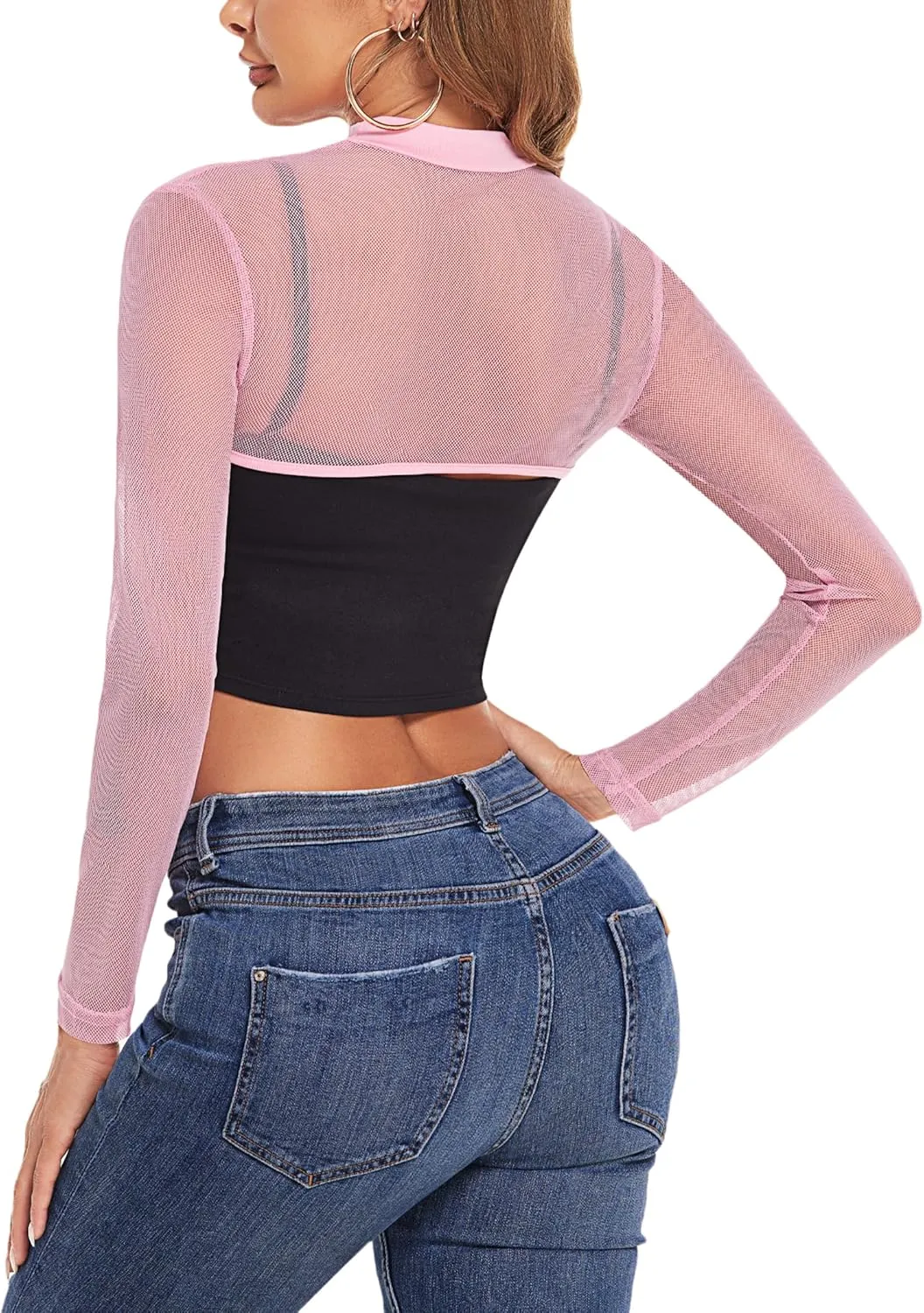 Avidlove Mesh Crop Tops for Women Mock Neck Long Sleeve Crop Top See Through Shirt Top Sexy Clubwear