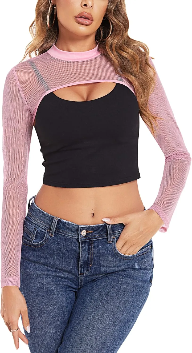Avidlove Mesh Crop Tops for Women Mock Neck Long Sleeve Crop Top See Through Shirt Top Sexy Clubwear