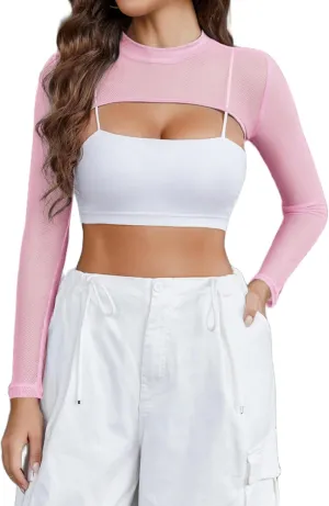 Avidlove Mesh Crop Tops for Women Mock Neck Long Sleeve Crop Top See Through Shirt Top Sexy Clubwear