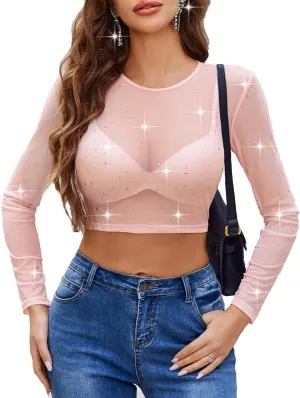 Avidlove Womens Sparkly Rhinestone Mesh Top Long Sleeve Sheer Shirt Crewneck Glitter Tops See Through Crop Top