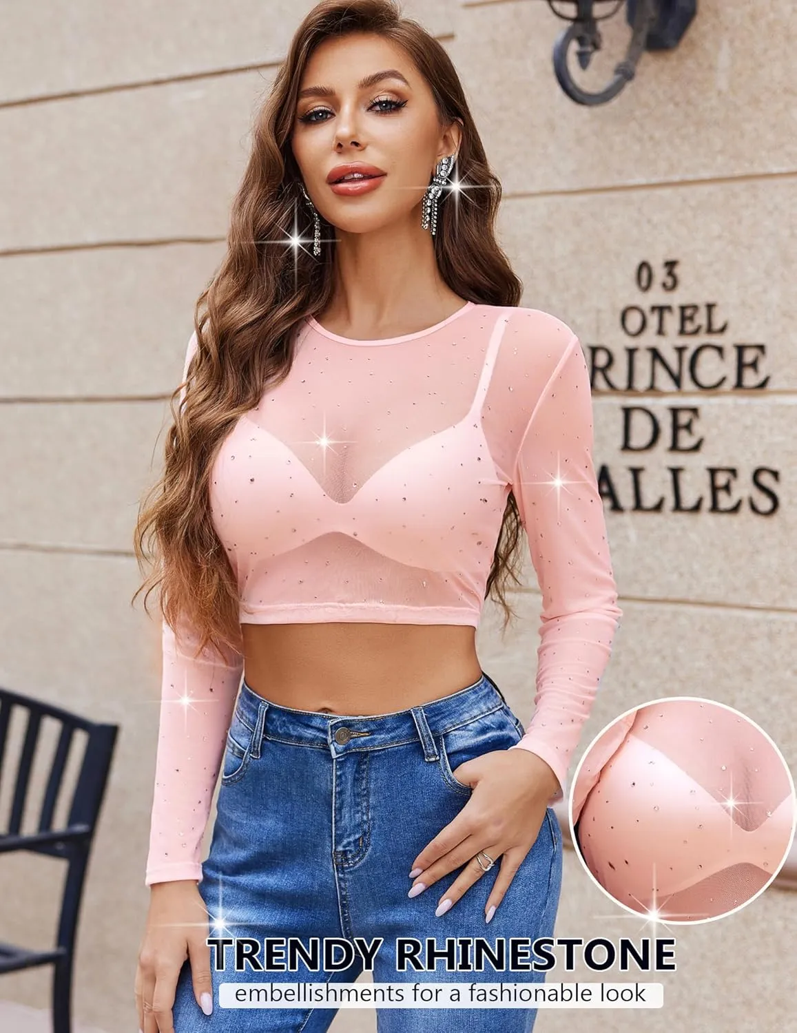 Avidlove Womens Sparkly Rhinestone Mesh Top Long Sleeve Sheer Shirt Crewneck Glitter Tops See Through Crop Top