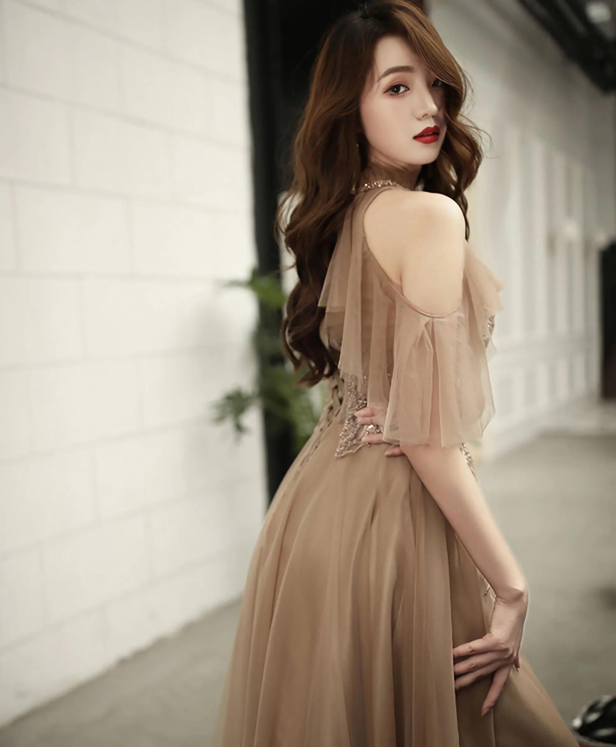 Champagne High Neck Tulle Lace Long Prom Dress Formal Dress