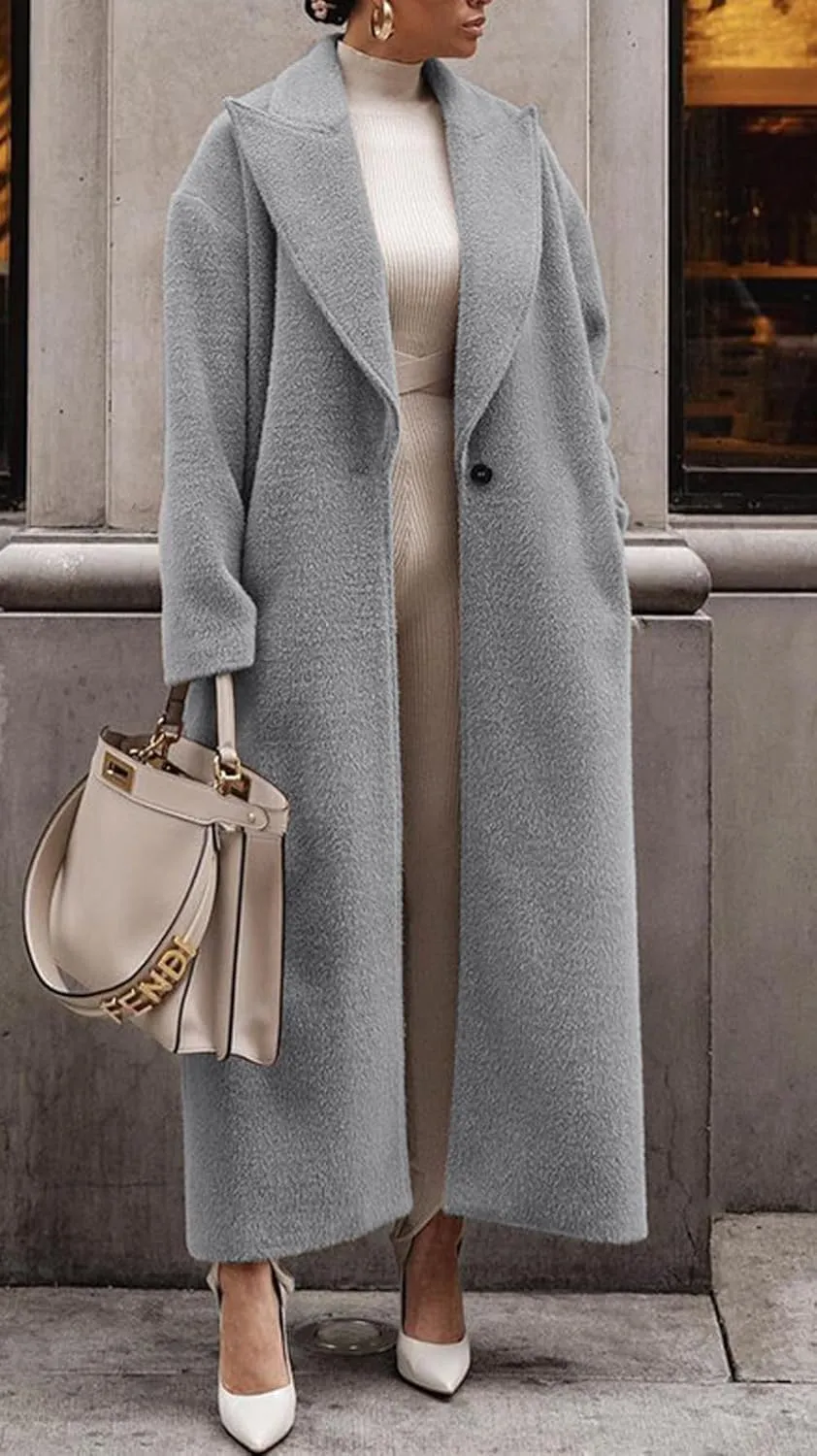 CHARTOU Women One Button Long Pea Coat Wool Blend Trench Coat Notched Lapel Open Front Cardigan Peacoat Outwear