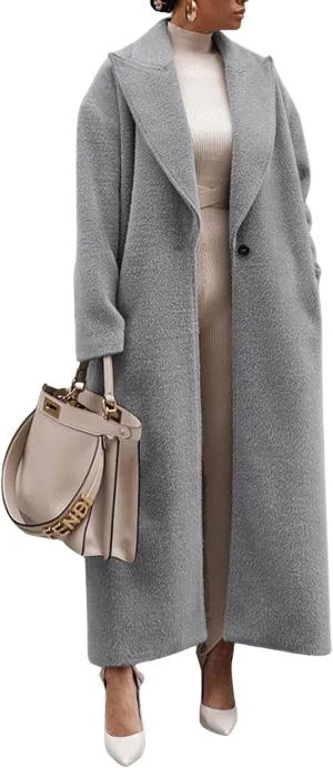 CHARTOU Women One Button Long Pea Coat Wool Blend Trench Coat Notched Lapel Open Front Cardigan Peacoat Outwear