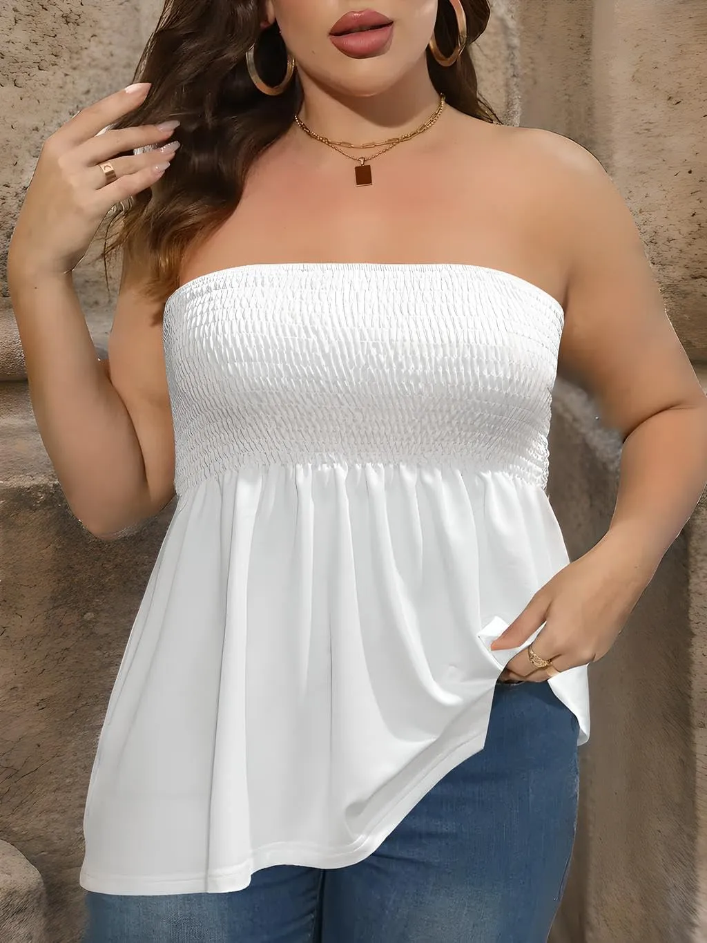 Comeon Women Plus Size Tube Top Summer Casual Strapless Pleated Blouse Beach Off Shoulder Tunic Top