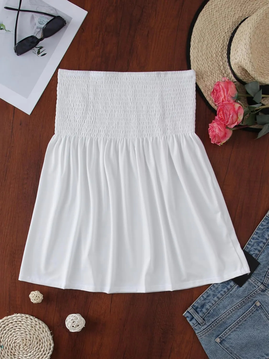 Comeon Women Plus Size Tube Top Summer Casual Strapless Pleated Blouse Beach Off Shoulder Tunic Top