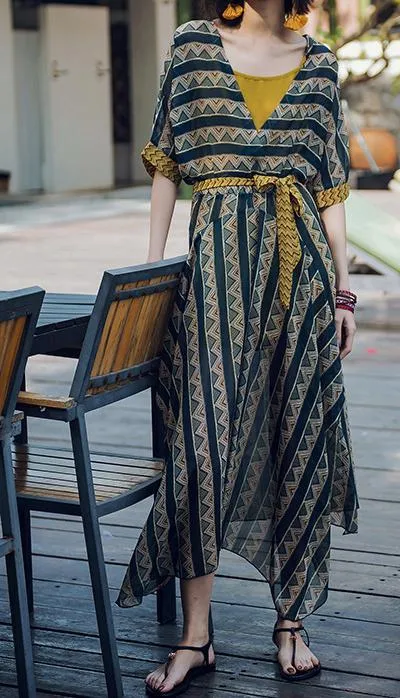 CONTRAST COLOR IRREGULAR SHAPE STRIPE BOHO TWO-PIECE LONG DRESS