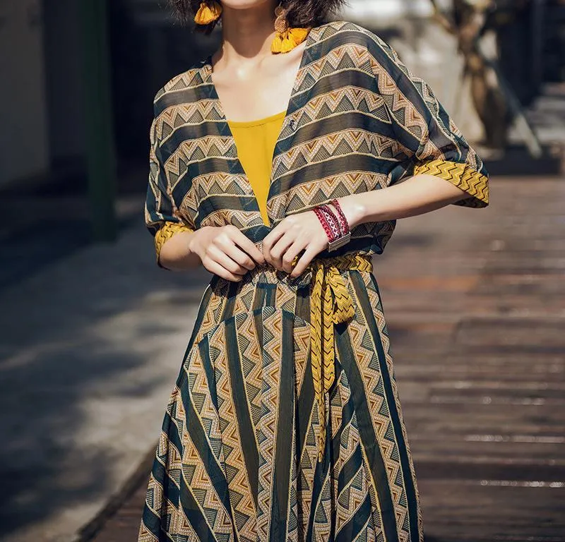 CONTRAST COLOR IRREGULAR SHAPE STRIPE BOHO TWO-PIECE LONG DRESS