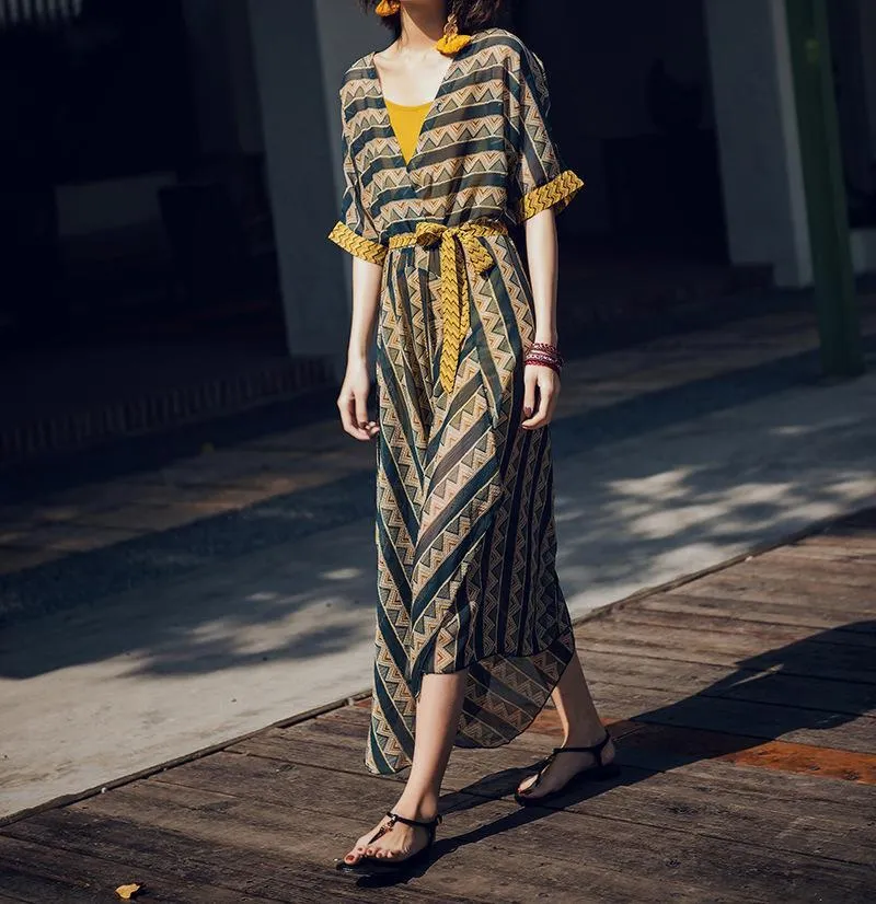 CONTRAST COLOR IRREGULAR SHAPE STRIPE BOHO TWO-PIECE LONG DRESS