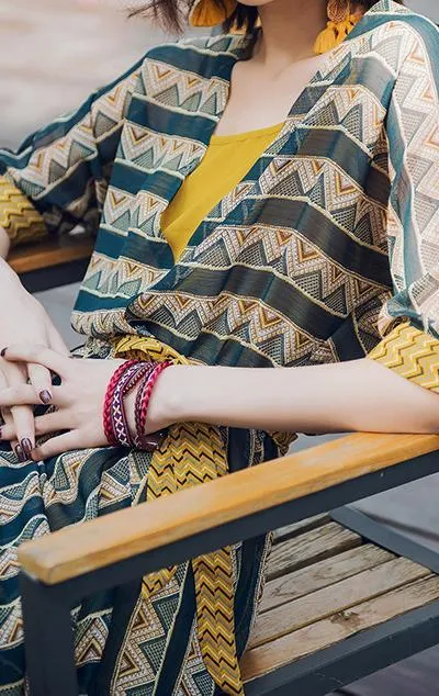 CONTRAST COLOR IRREGULAR SHAPE STRIPE BOHO TWO-PIECE LONG DRESS