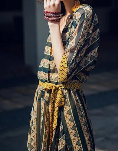 CONTRAST COLOR IRREGULAR SHAPE STRIPE BOHO TWO-PIECE LONG DRESS