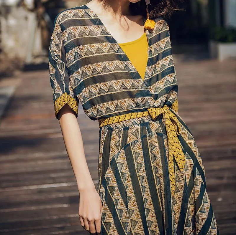 CONTRAST COLOR IRREGULAR SHAPE STRIPE BOHO TWO-PIECE LONG DRESS