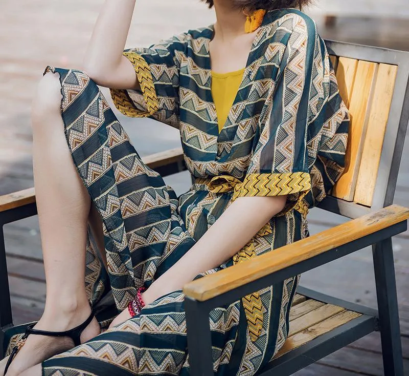 CONTRAST COLOR IRREGULAR SHAPE STRIPE BOHO TWO-PIECE LONG DRESS