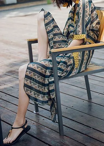 CONTRAST COLOR IRREGULAR SHAPE STRIPE BOHO TWO-PIECE LONG DRESS