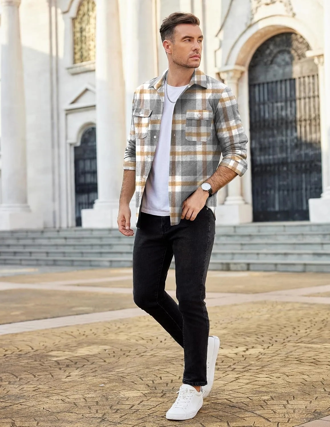 COOFANDY Mens Flannel Shirts Long Sleeve Plaid Shirt Jacket Button Down Shirt with Pockets