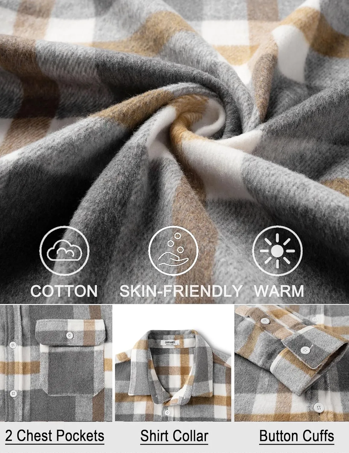 COOFANDY Mens Flannel Shirts Long Sleeve Plaid Shirt Jacket Button Down Shirt with Pockets