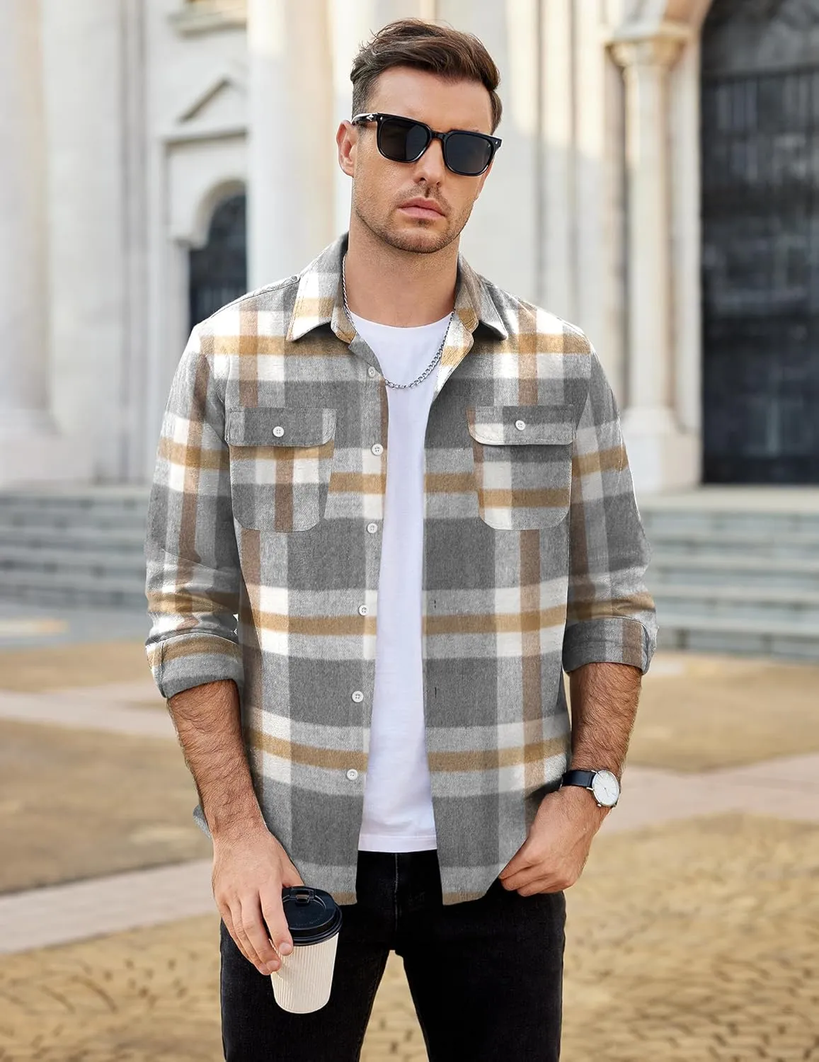 COOFANDY Mens Flannel Shirts Long Sleeve Plaid Shirt Jacket Button Down Shirt with Pockets