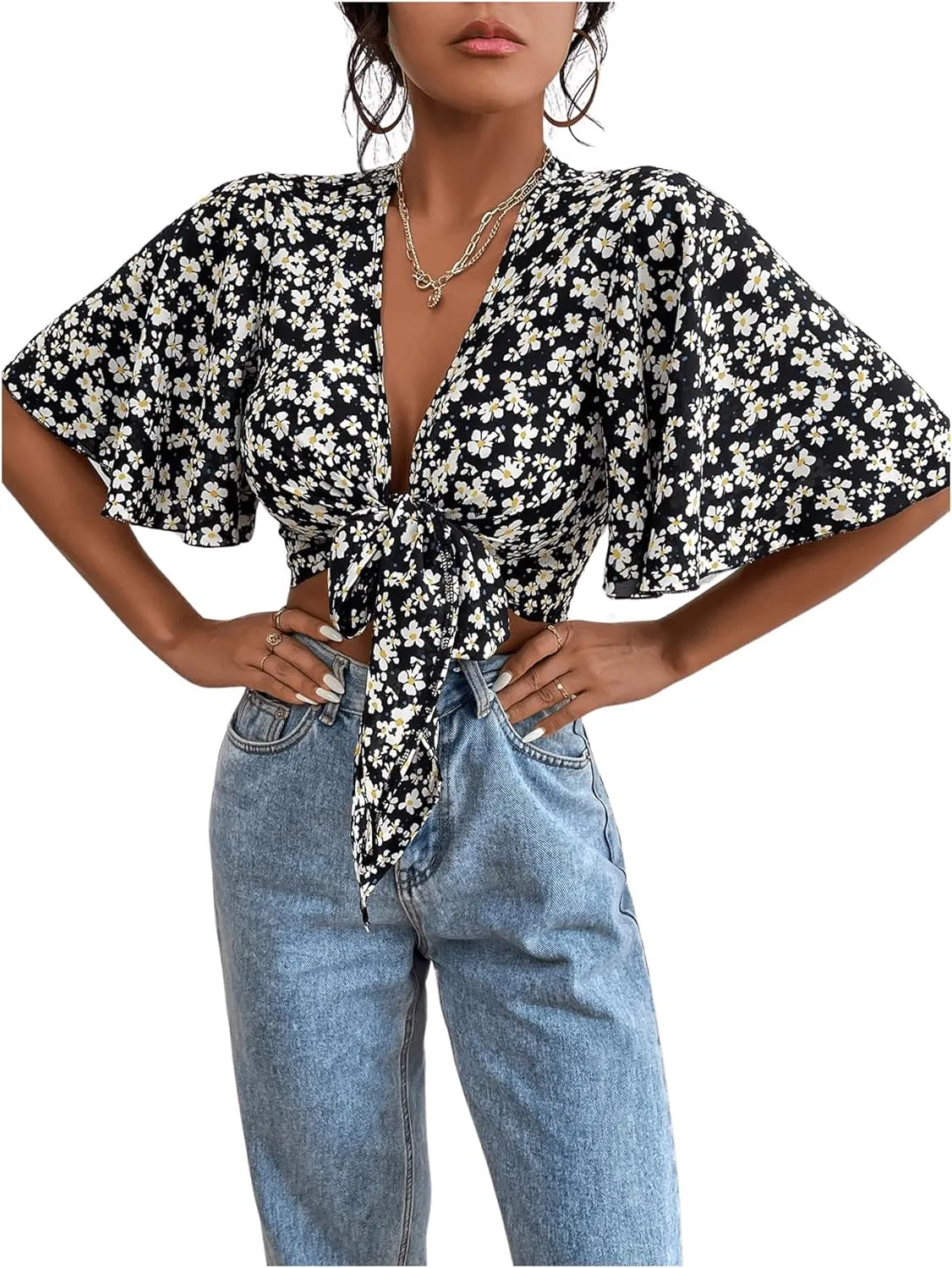 COZYEASE Women's All Over Floral Print Crop Top Deep V Neck Flutter Sleeve Tie Front Boho Summer Blouse Top
