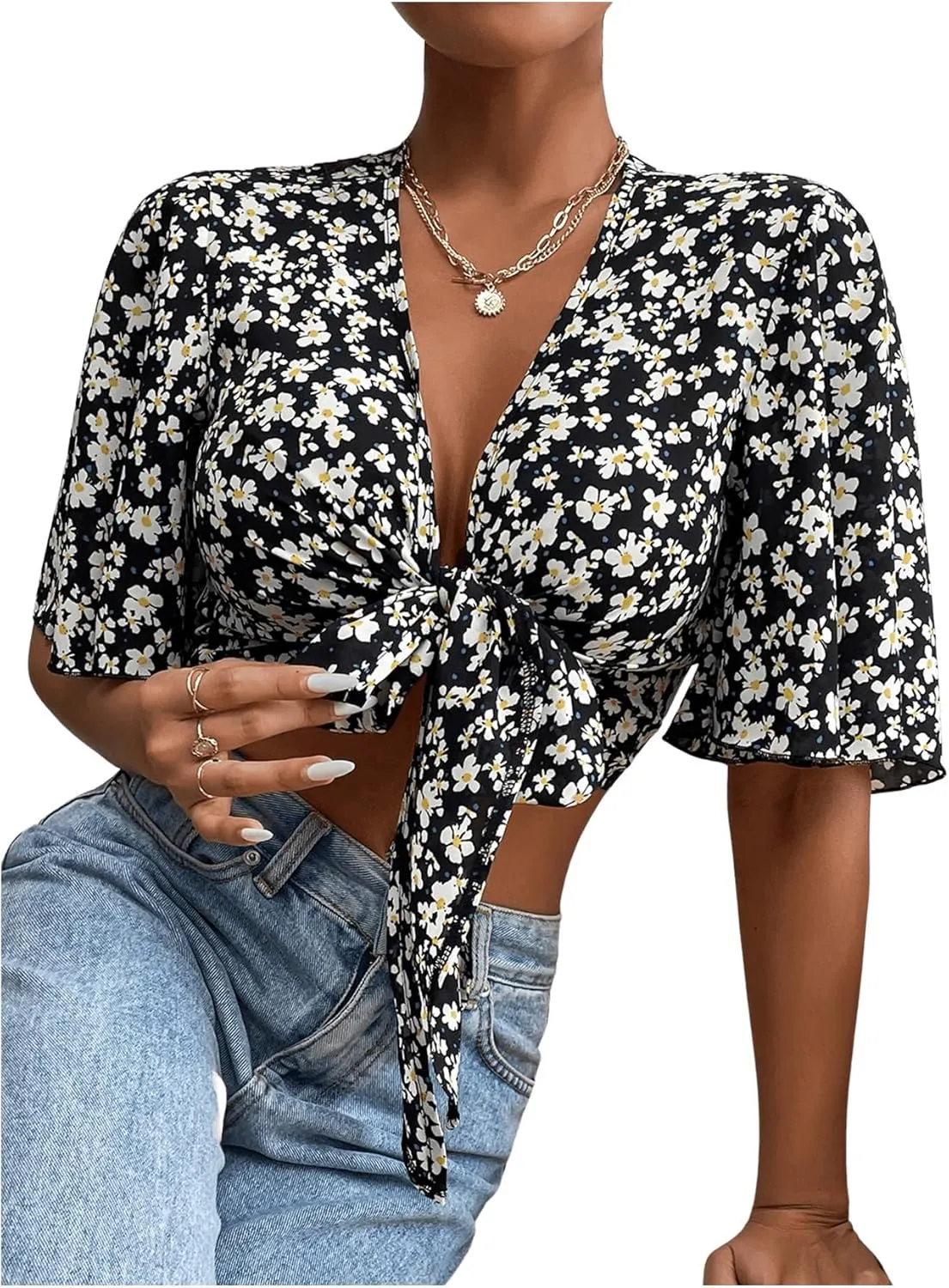COZYEASE Women's All Over Floral Print Crop Top Deep V Neck Flutter Sleeve Tie Front Boho Summer Blouse Top