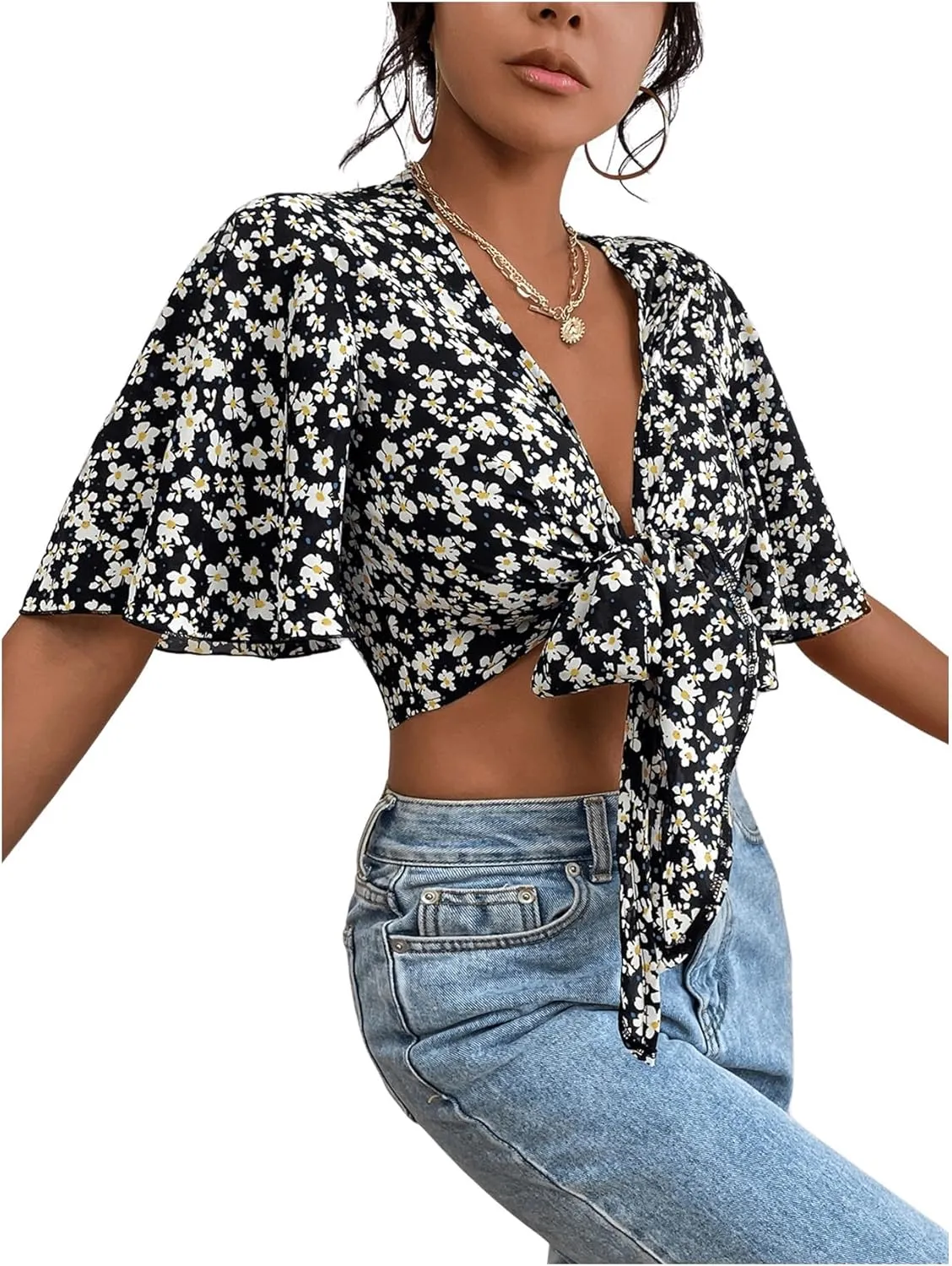 COZYEASE Women's All Over Floral Print Crop Top Deep V Neck Flutter Sleeve Tie Front Boho Summer Blouse Top