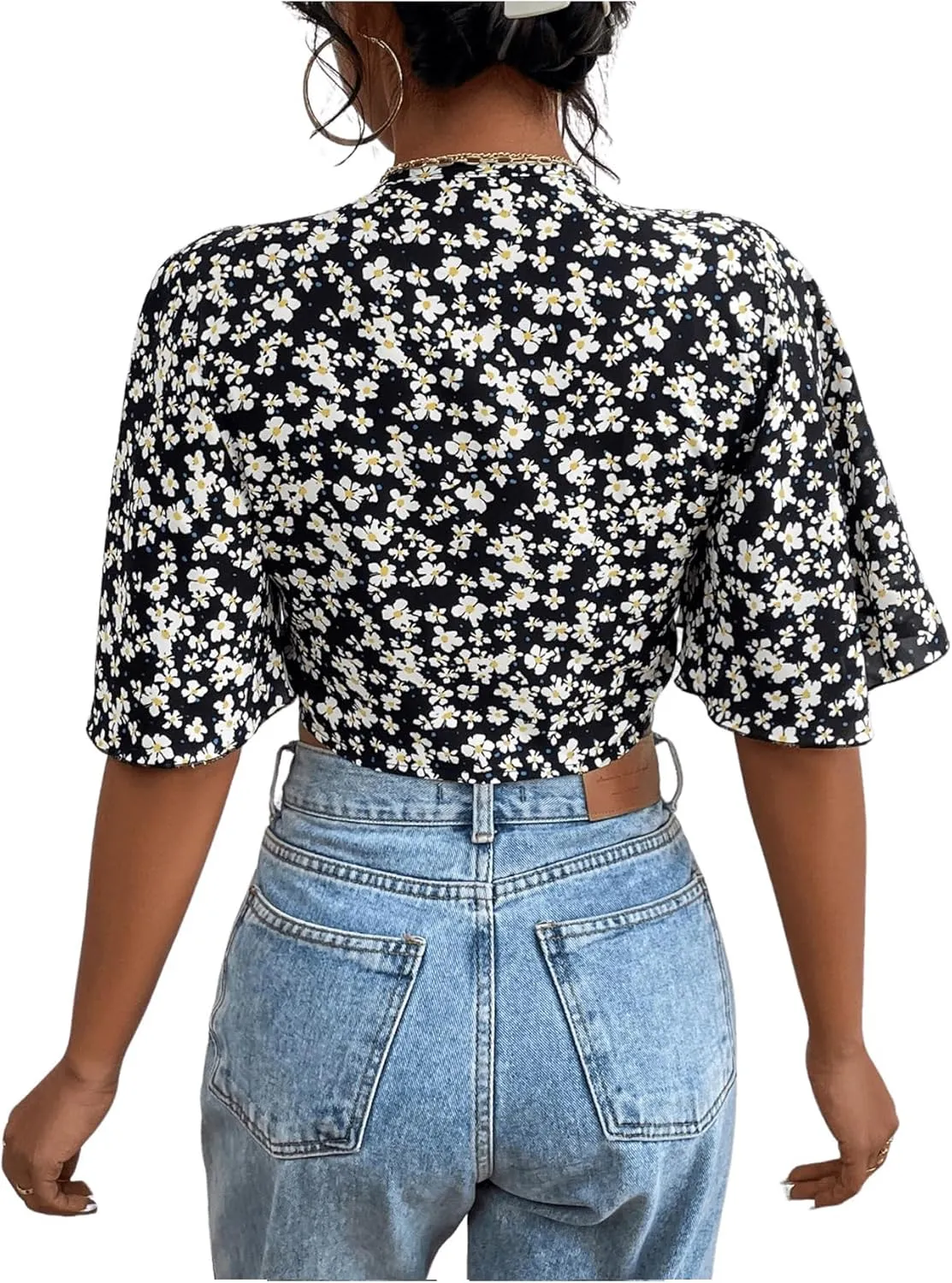COZYEASE Women's All Over Floral Print Crop Top Deep V Neck Flutter Sleeve Tie Front Boho Summer Blouse Top