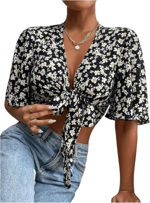 COZYEASE Women's All Over Floral Print Crop Top Deep V Neck Flutter Sleeve Tie Front Boho Summer Blouse Top