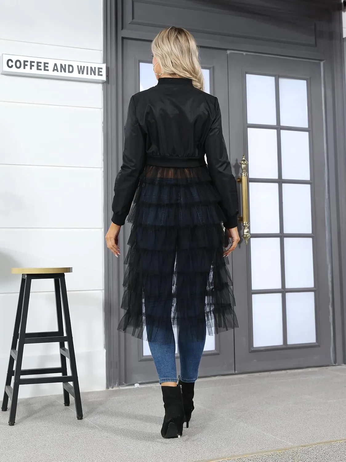 ECHOINE Women Casual Bomber Jacket - Tulle Mesh Patchwork Long Sleeve Zipper Coat Jackets Dress