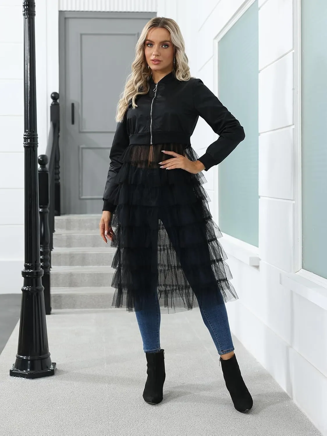 ECHOINE Women Casual Bomber Jacket - Tulle Mesh Patchwork Long Sleeve Zipper Coat Jackets Dress